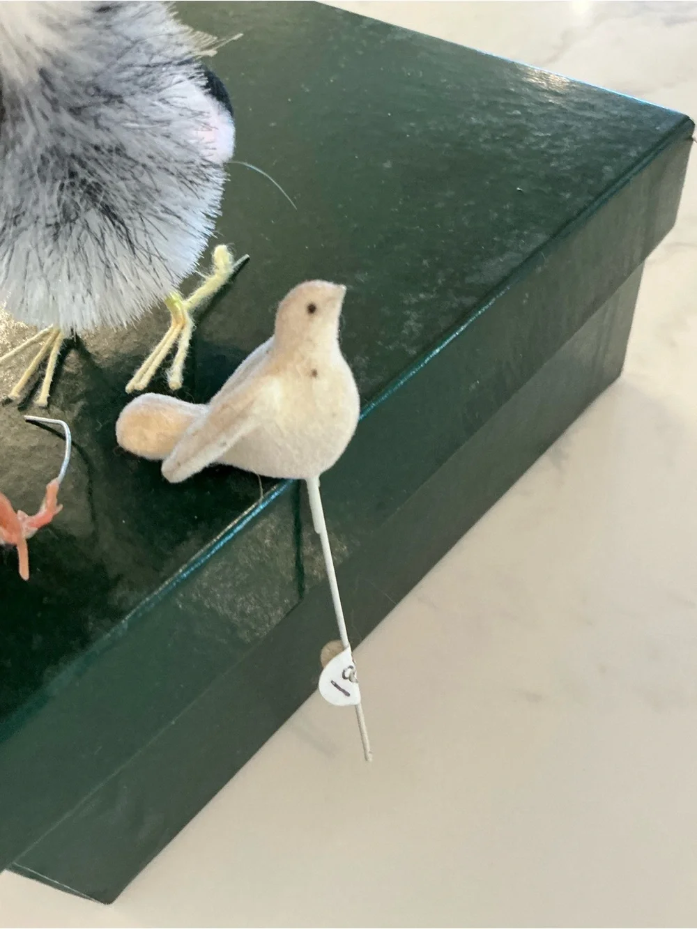 Set of Four Decorative Feather Birds - Neutral Tones with Red Accent